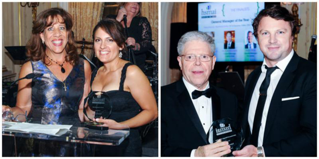 (Left photo): HSMAIGNY President, Consuela Hooblal, USA TODAY, presenting the President's award to Lori O'Connell, Agency O'C. (Right photo): Robert Cardillo, General Manager, Wellington Hotel General Manager of the Year receiving his award from Bernhard Ballin of SiteMinder.